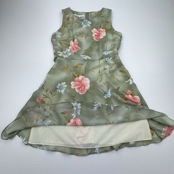 Sarah Richards Green Floral Dress Sleeveless Lined Belted Tie - Picture 3 of 6